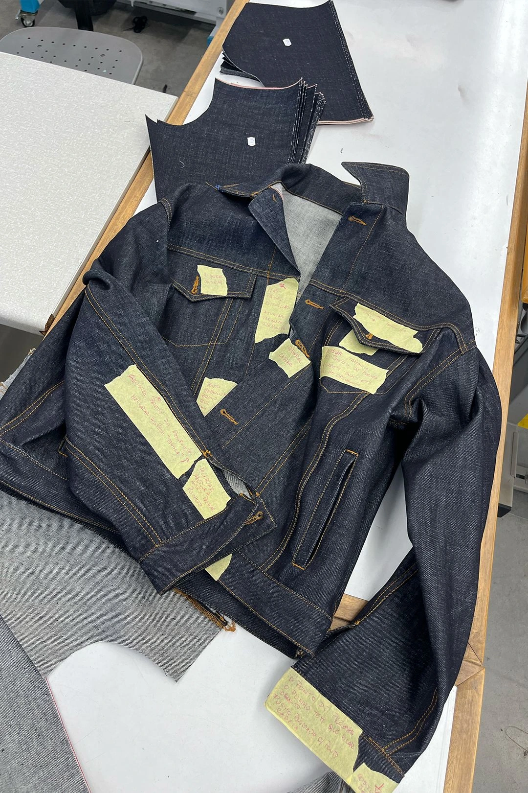 A heavy indigo denim jacket with reinforced metal hardware laid flat on an industrial clothing factory table