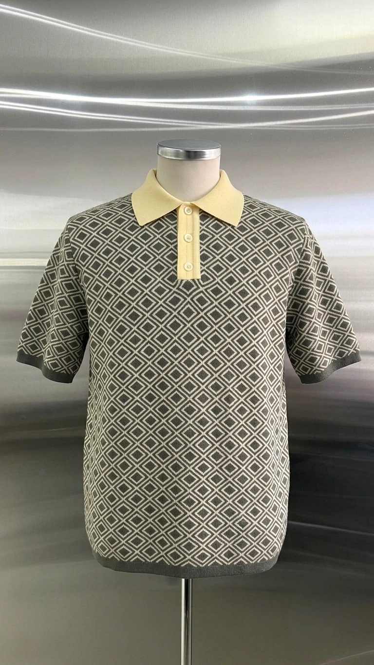 An old money style knitted cotton polo shirt displayed on a mannequin inside an apparel manufacturing factory
