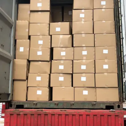 Quality control manager verifying seam measurements and packing clothing into 7 ply export cartons for global shipping